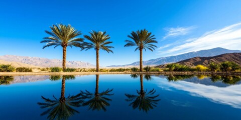 Welcoming view and sunlight. A serene landscape featuring three palm trees reflecting in clear water under a bright blue sky and distant mountains.