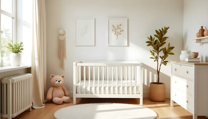 A cozy nursery with a white crib, wooden furniture, and decorative wall art. The room has a warm, neutral color palette with soft textures and natural elements