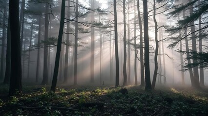 Naklejka premium Forest floor bathed in soft morning light fog slowly clears, scenery, serenity, depth of field