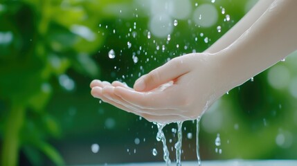 Hands creating water droplets in mid-air under a tap