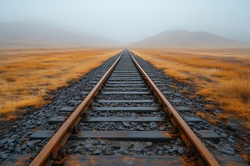 Fototapeta premium A railway track disappearing into the foggy distance towards misty mountains.