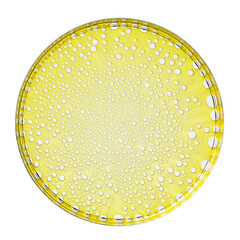 Petri dish with yellow serum oil sample swatch texture isolated on white background. Cosmetic Hyaluronic acid retinol collagen science lab product