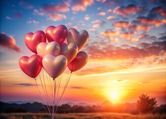 Fototapeta premium Romantic Scene with Heart-Shaped Balloons and Soft Sunset Light Perfect for 