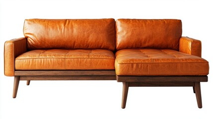 Fototapeta premium Stylish orange leather sofa with wooden legs, perfect for modern living spaces or cozy interiors.