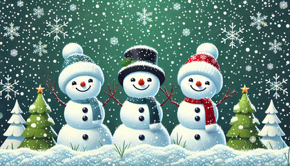 Three Cheerful Snowmen in a Vibrant Snowy Landscape