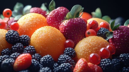 Fototapeta premium macro view, adjacent fruit in nice composition, hyper realistic photo, on solid black background, cinematic. 3D render. highly detailed, high resolution for magazine.
