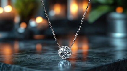 A close-up of a sparkling diamond necklace on a marble surface with soft candlelight in the background.