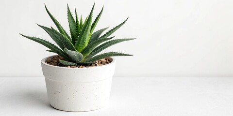 Obraz premium Full view of an agave plant in a simple white planter on a white background, simple design, decorative element