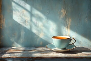 A blue cup of tea on a wooden table in the sunlight