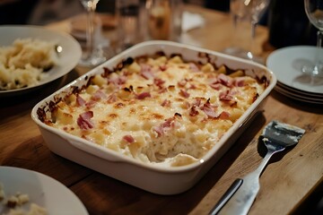 Gratin de Crozets showing creamy pasta and ham, on a modern wooden table in a bright French kitchen