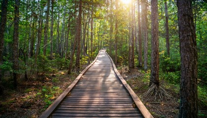 Obraz premium 푸른 숲속을 따라 이어진 나무데크 산책로