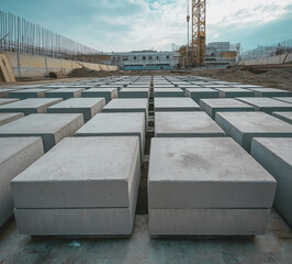 Obraz premium Cement Blocks for House Construction – Concrete Bricks with Rectangular Slab Pattern in Rows