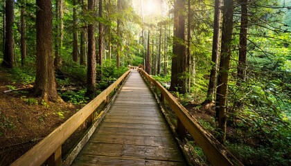 Fototapeta premium 푸른 숲속을 따라 이어진 나무데크 산책로