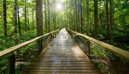 Obraz premium 푸른 숲속을 따라 이어진 나무데크 산책로