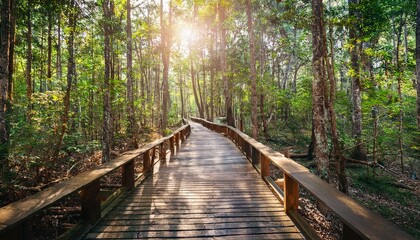 Obraz premium 푸른 숲속을 따라 이어진 나무데크 산책로