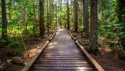 푸른 숲속을 따라 이어진 나무데크 산책로