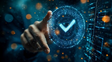 Businessman touching a digital security shield hologram