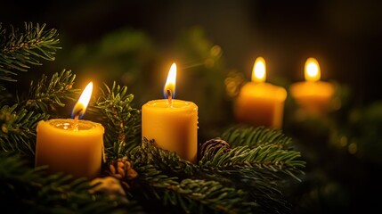 Four Yellow Candles Burning Amidst Evergreen Branches