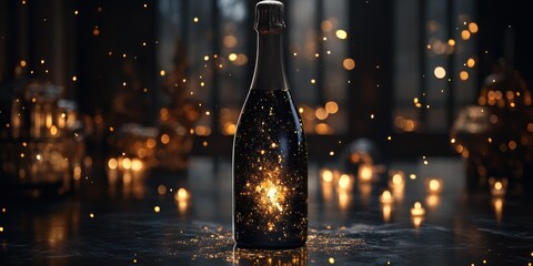 Enchanting bottle amidst golden, sparkling ambiance