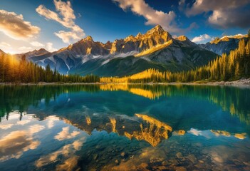 Fototapeta premium breathtaking mountain peaks mirrored crystal clear lake amidst lush greenery blue skies, reflection, water, sky, cloud, landscape, nature, view, outdoor