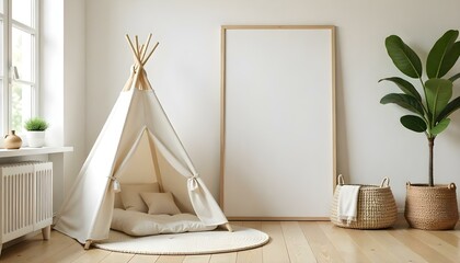 A white teepee tent with a patterned design, a wooden frame, and a round woven decoration hanging above it.