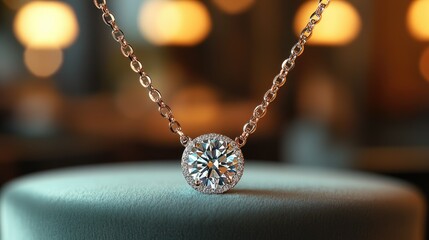 Fototapeta premium A close-up of an elegant diamond pendant necklace on a soft display surface.