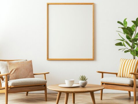 Blank vertical frame displayed in a mid-century modern living room, with warm wood furniture and retro-inspired decor
