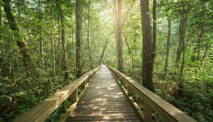 Obraz premium 푸른 숲속을 따라 이어진 나무데크 산책로