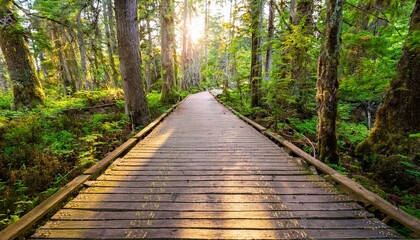 Fototapeta premium 푸른 숲속을 따라 이어진 나무데크 산책로