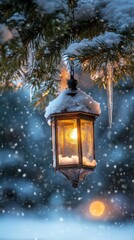 Winter Lantern in Snowy Forest with Icicles