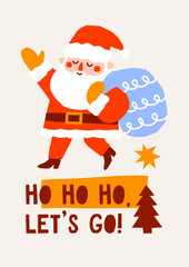 Cute cutout style Christmas card vector template. Hand drawn simple retro holidays illustration print with Santa Claus carrying sack