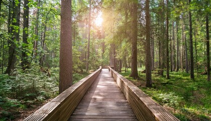 Obraz premium 푸른 숲속을 따라 이어진 나무데크 산책로