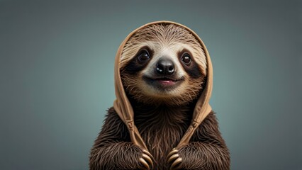 Fototapeta premium Cute sloth wearing a brown hoodie against a gray background.