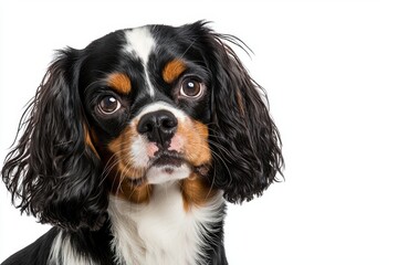 A close-up portrait of a Cavalier King Charles Spaniel on a white isolated background.