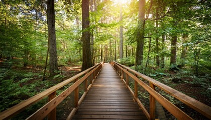 Obraz premium 푸른 숲속을 따라 이어진 나무데크 산책로