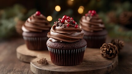 Chocolate cupcakes with bright frosting and toppers placed on a festive holiday table with warm lighting and props