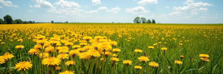 Fototapeta premium A sunny day in the countryside with a sea of yellow dandelions, dandelion field, wildflowers, rural scene