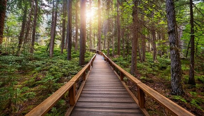 Obraz premium 푸른 숲속을 따라 이어진 나무데크 산책로