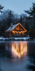 Fototapeta premium A serene lakeside cabin at night lit by Christmas lights with its reflection on the icy water
