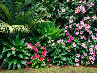 Lush environment with palm and flowering plants, plant life, floral background, botanical