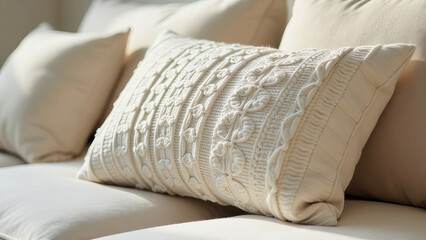 Obraz premium A sofa cushion made of textured light boucle fabric, against a background of other simple light pillows.