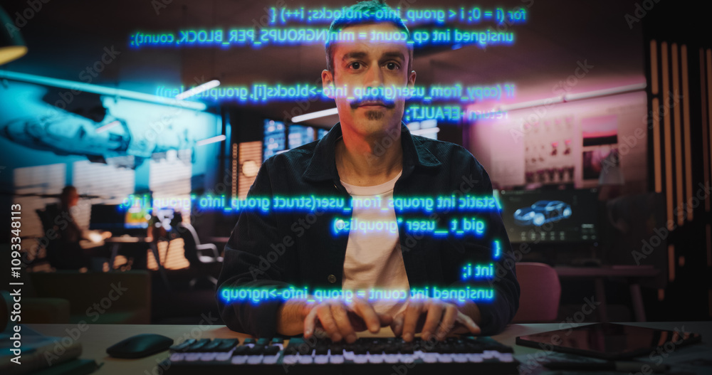 Fototapete Portrait of Male Coder Working on Holographic Screen that Shows Coding and Programming Lines. Transparent Screen Show Software Programming Interfaces. Entrepreneur Working on Video Game, App, Ideas