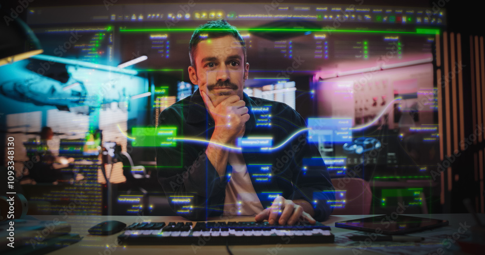 Leinwandbilder Portrait of Male Coder Working on Holographic Screen that Shows Coding and Programming Lines. Transparent Screen Show Software Programming Interfaces. Entrepreneur Working on Video Game, App and Ideas