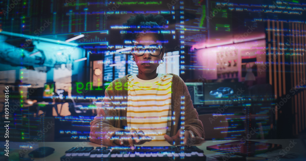 Fototapete Female Programmer Shows Confused Emotion While Problem Solving, Working on Coding Using Hologram Screen in Office, Writing Complex Code and Data Streams. Emotional Scene of Problem Solving.