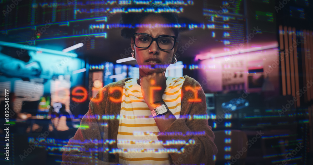Fototapete Female Programmer Shows Confused Emotion While Problem-Solving, Working on Coding Using Hologram Screen in Office, and Writing Complex Code and Data Streams. Emotional Scene of Problem Solving.