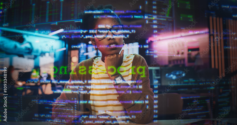 Fototapete Female Programmer Shows Confused Emotion While Problem Solving, Working on Coding Using Hologram Screen in Office, and Writing Complex Code and Data Streams. Emotional Scene of Problem Solving.