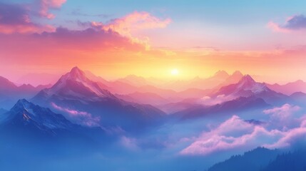 Fototapeta premium Tranquil Sunrise Over Misty Mountain Peaks