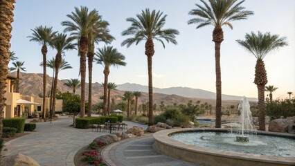 Fototapeta premium Luxurious Desert Oasis with Palm Trees and Fountain, peaceful atmosphere, luxurious