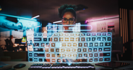 Stylish Female Programmer Logs Into Holographic Computer Screen in an Office, Using Advanced Facial Recognition, Virtual Keyboard Technology for Cyber Secure Online Interaction. Future Interface