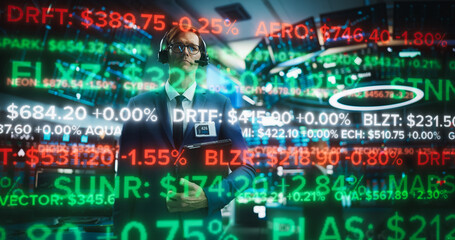 Stock Broker Analyses Holographic Running Ticker Line, Displaying Dynamic Stock Data Trading Floor. Illustration Content Financial Analytics and Market Information. Green Overlay AI Fintech Numbers